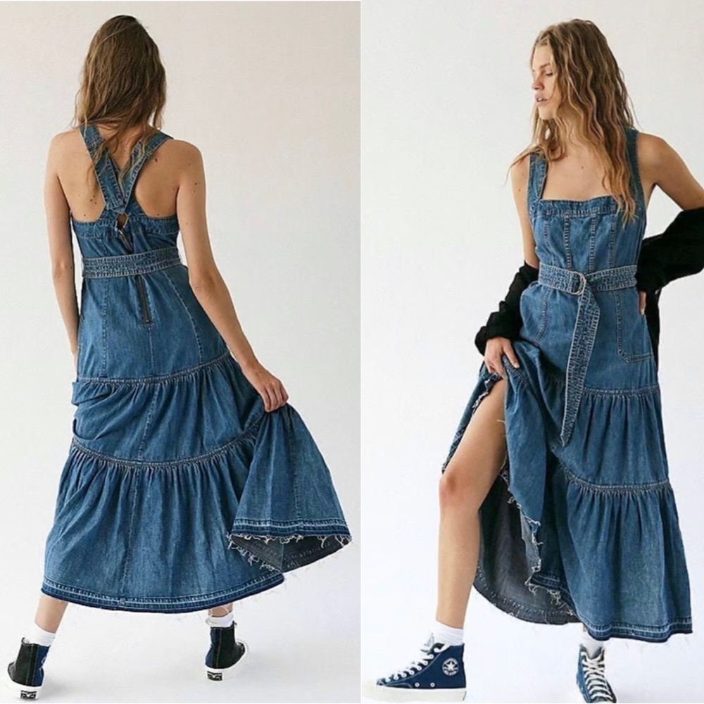 ✨RARE FREE PEOPLE SIERRA MADRE DENIM TIERED OVERALL/SKIRTALL DRESS NWOT SIZE 4